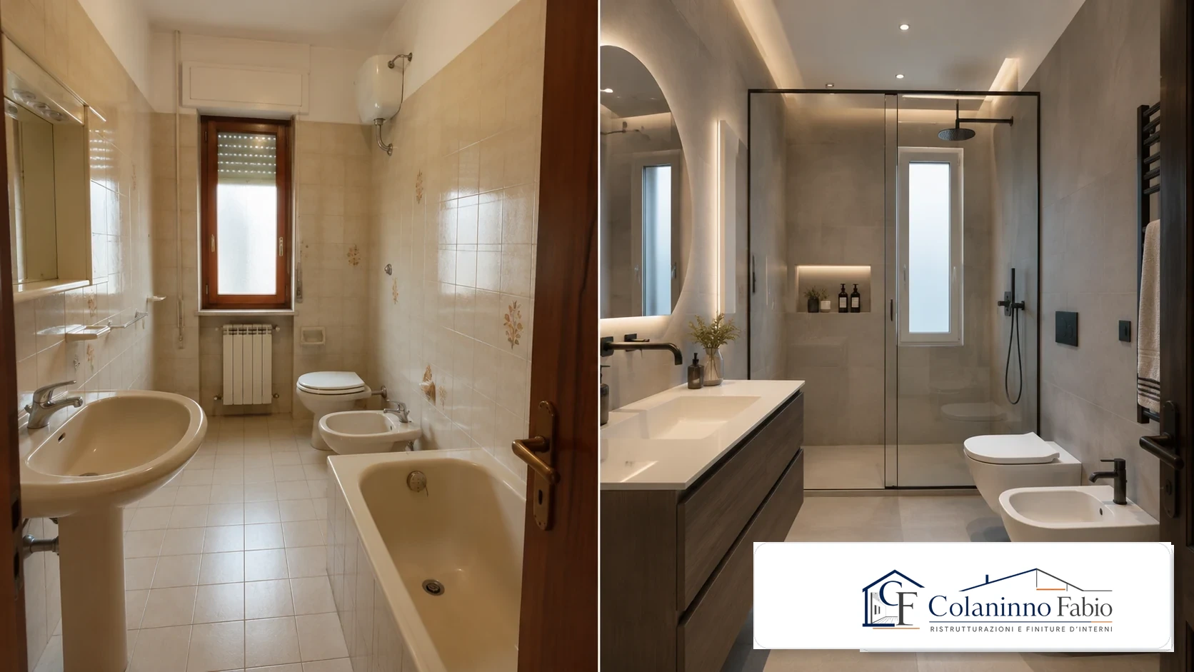 Prima e dopo di un bagno con doccia walk-in