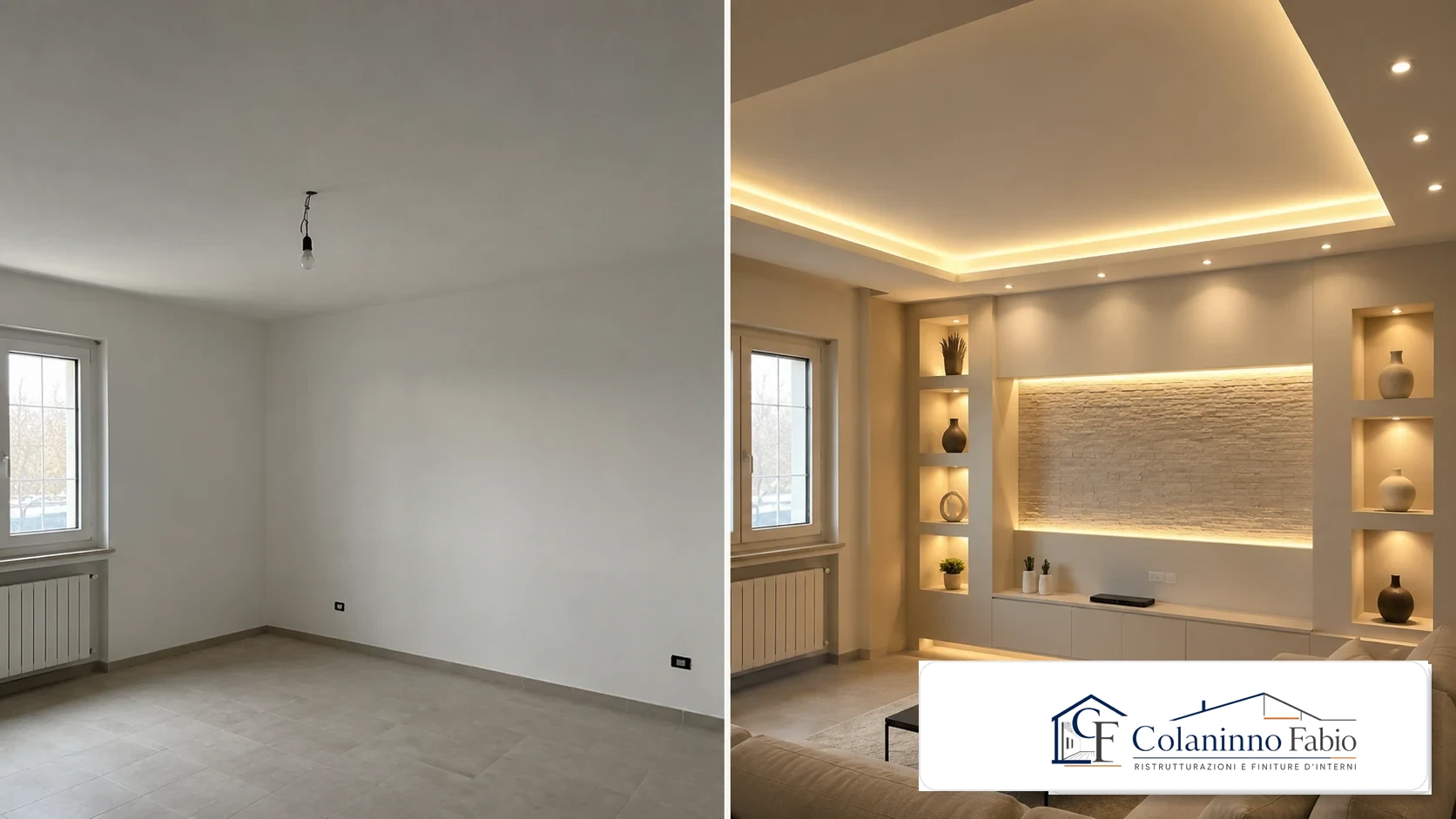 Prima e dopo di un controsoffitto con luce indiretta